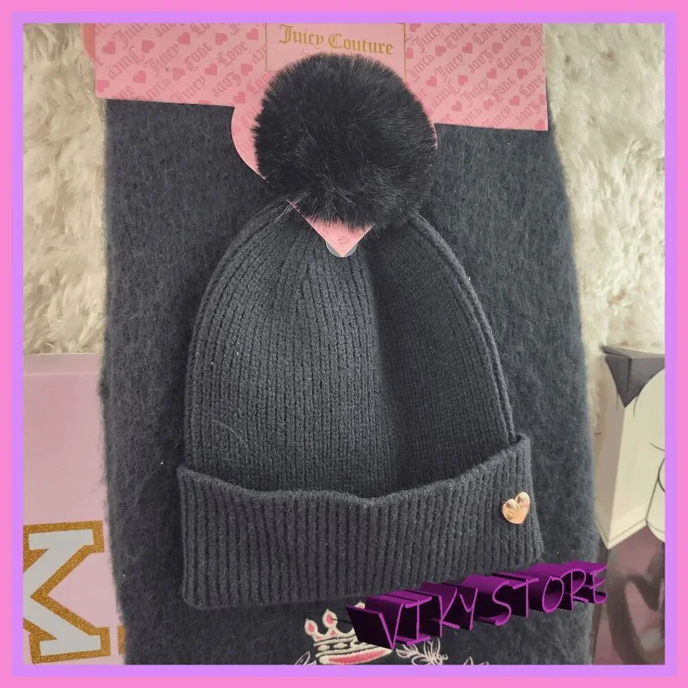 ❤️ NWT Juicy Couture Black Faux-Fur Beanie & Scarf Set Winter Chic ❤️